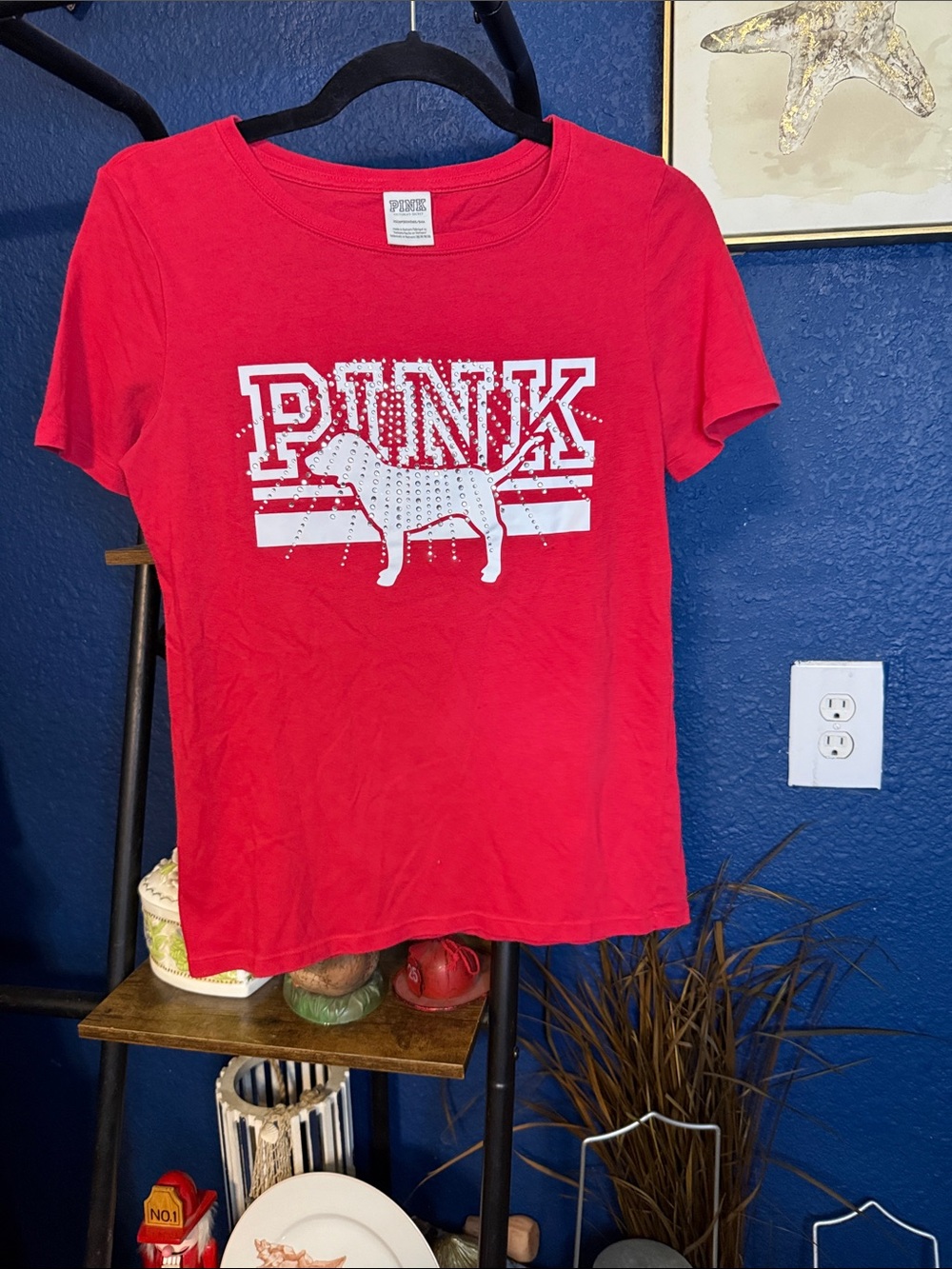 PINK Victoria's Secret Red Tee with Studded White Logo